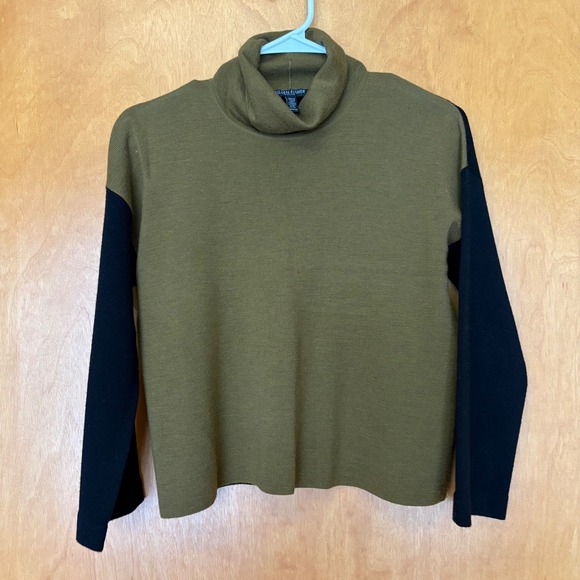 Eileen Fisher Sweaters - Eileen‎ Fisher Petite Turtleneck Sweater Olive Black Colorblock Merino Wool PP